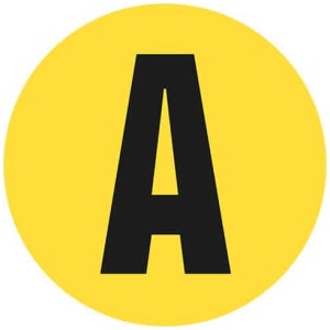 Yellow circle, black lettering