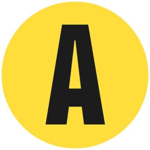 Yellow circle, black lettering