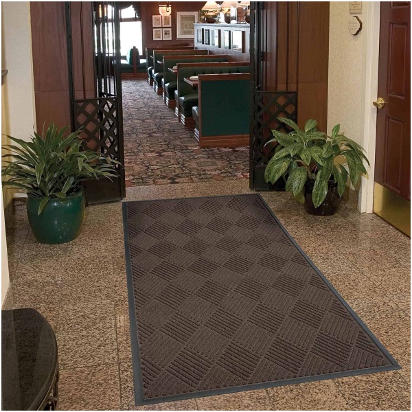 A carpeted hallway adorned with Opus Floor Mat and plants.