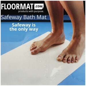 A woman's feet on a Safeway Bath Floor Mat with the words safeway is the only way.