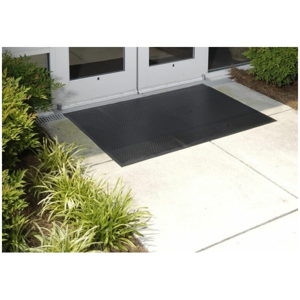 super scrape 1 Floormat.com These 3/8" mats are made of durable 100% Nitrile rubber that provide a slip-resistant surface and has 20% post consumer recycled content. <ul> <li>Molded tread-surface face cleats effectively scrape tough dirt and grime off shoes</li> <li>Effectively removes and stores dirt and sand beneath shoe level so it cannot enter the building</li> <li>Perfect for use outside of entrances as a scraper mat or as a slip resistant mat in wet areas</li> </ul>
