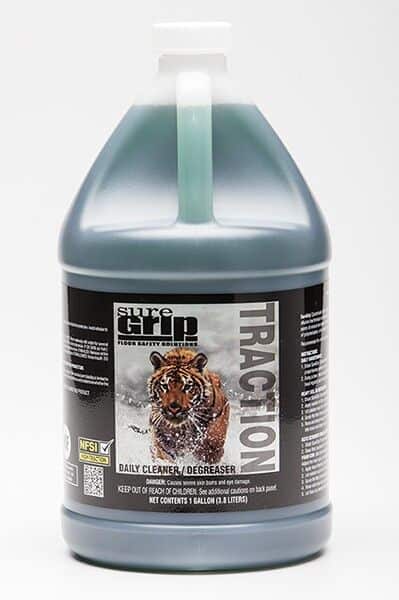 A gallon of Sure Grip Traction Degreaser with a tiger on it.