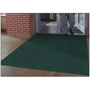 A person is standing in front of a door with a green Waterhog Fashion Floor Mat.